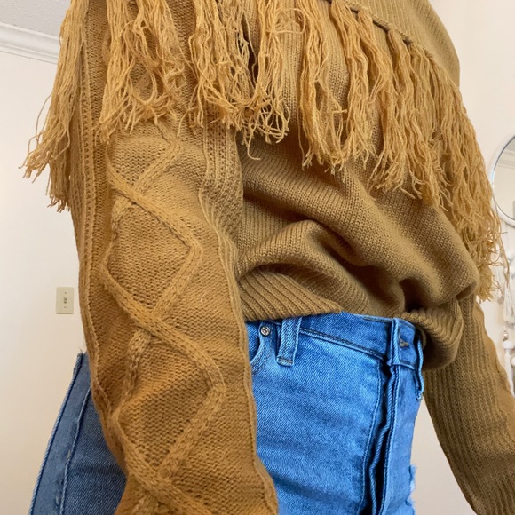 off shoulder burnt orange fringe sweater - Picture 2 of 3